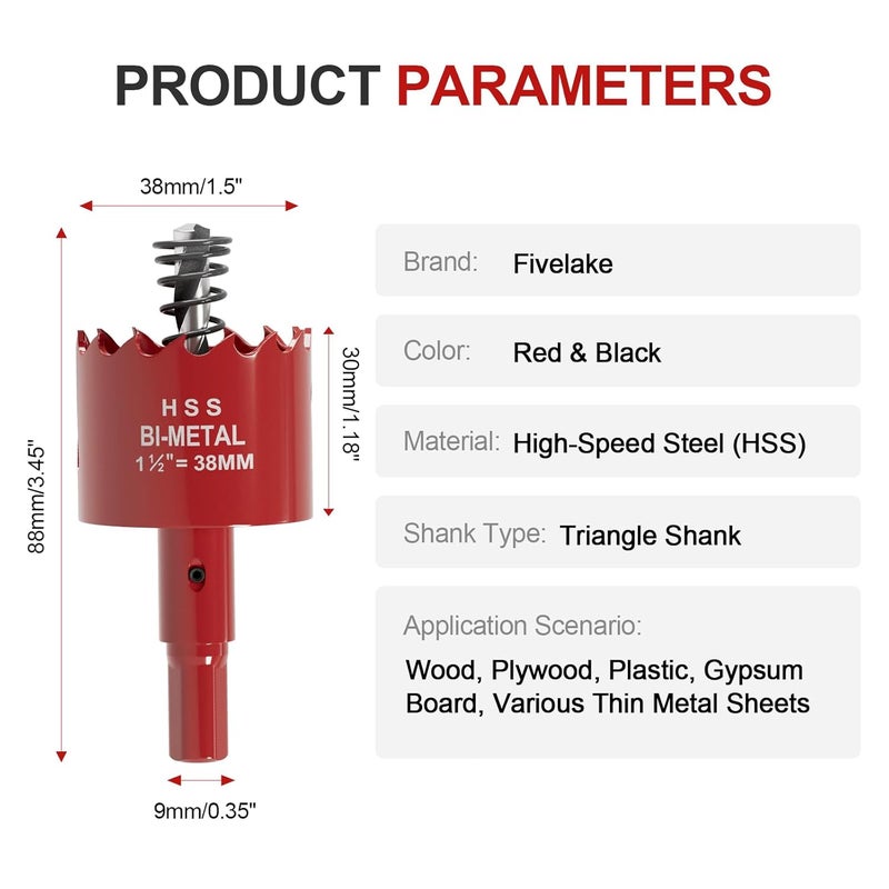 FIVELAKE 1-1/2" (38mm) Bi-Metal M42 High Speed Steel Hole Saw with Pilot Drill Bit, Smooth Cutting Edge for PVC, Drywall, Wood, Plastic, Gypsum Board, Rubber, Thin Metal - Image 4